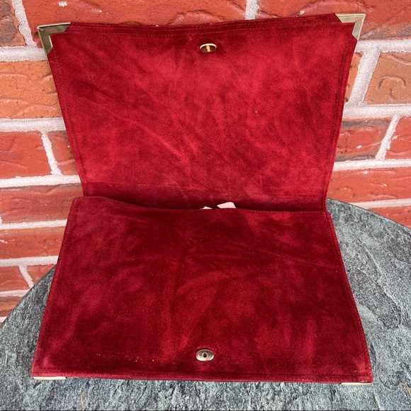 Bloomingdales Genuine Suede/Leather Evening Envelope Burgundy Clutch - Picture 2 of 4